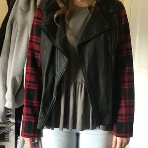 Leather jacket flannel sleeve jacket